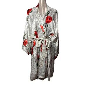 California Dynasty Robe Womens 2X XXL Multicolor Floral Satin Kimono Long Belted